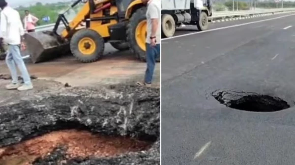 दिल्ली मुंबई एक्सप्रेसवरील रस्त्याचा काही भाग खचला